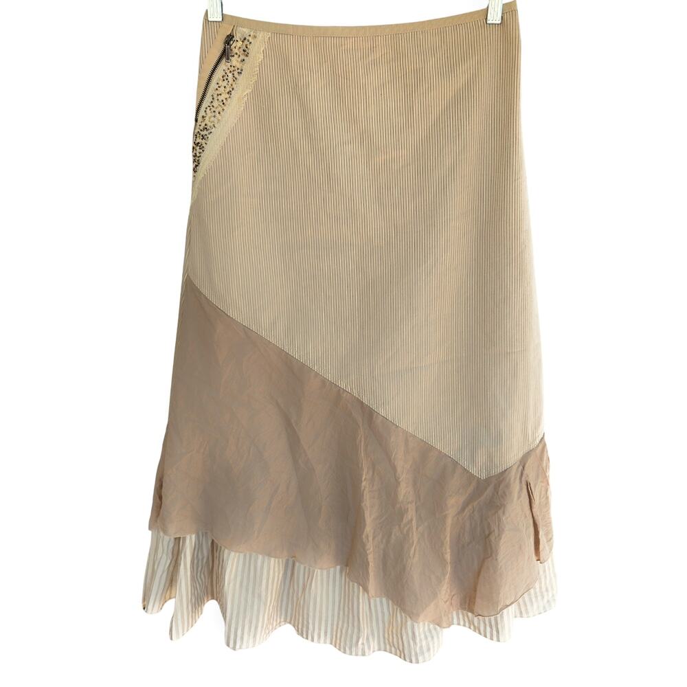 Striped multilayer asymmetrical beaded cotton blend midi skirt Size Medium